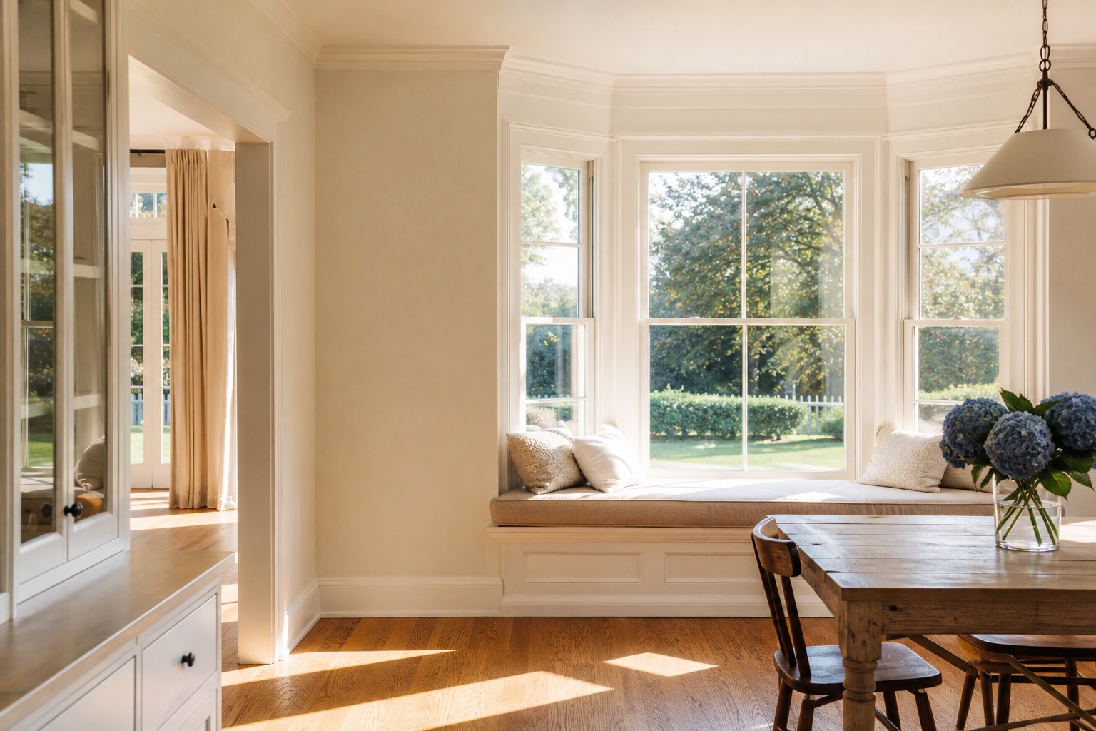 Sunlit bay window breakfast corner with window seat, morning light in stripes across oak floors