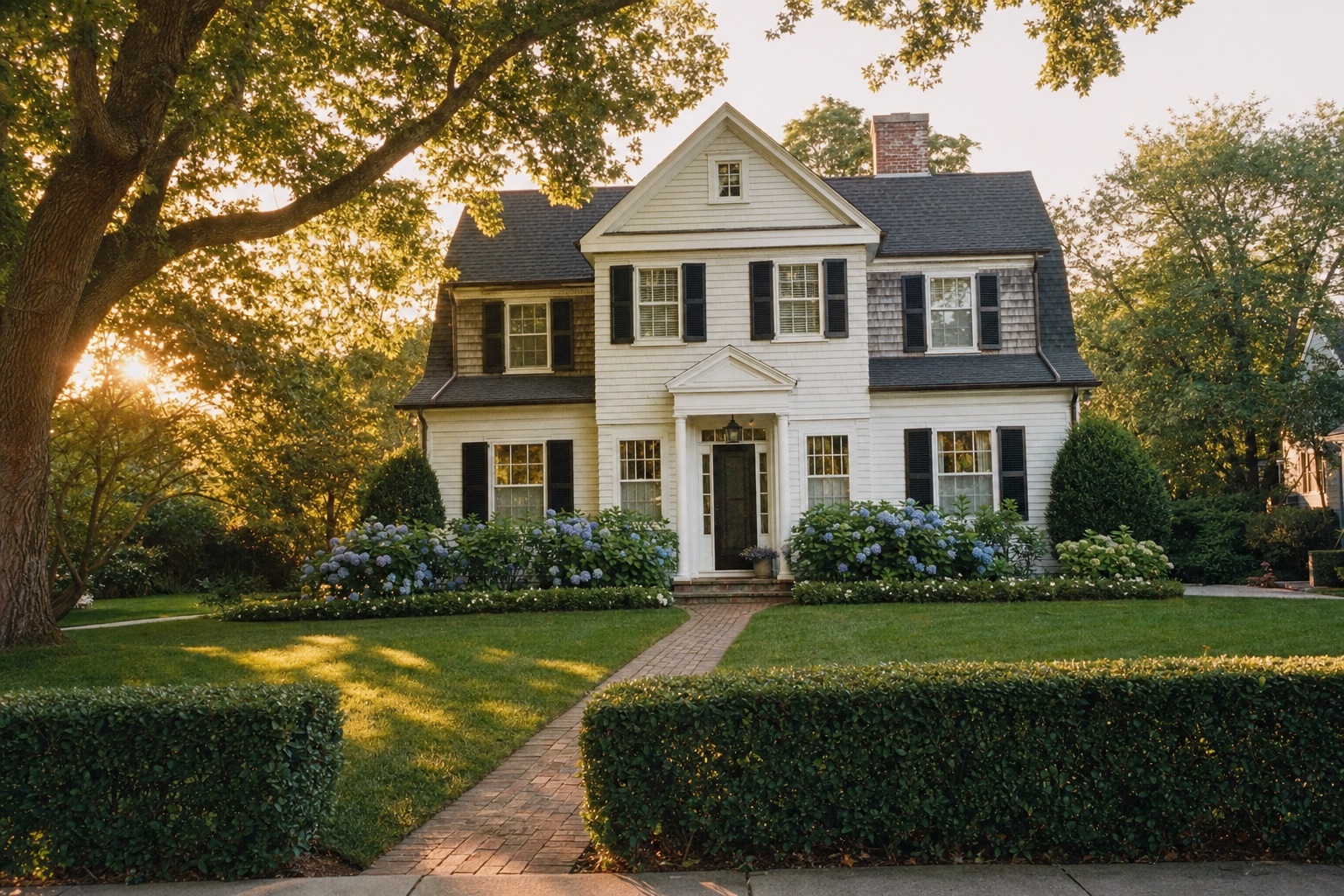 Center-hall colonial behind a clipped privet hedge in Lawrence, late golden light across the lawn
