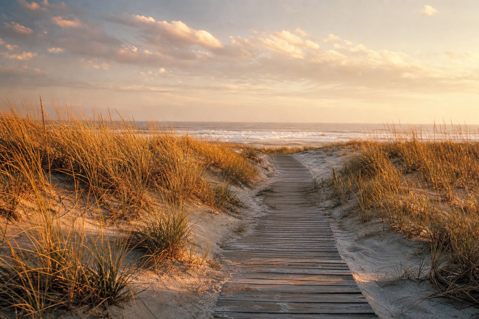Weathered boardwalk through dune grass at Atlantic Beach, leading to the ocean in late gold light