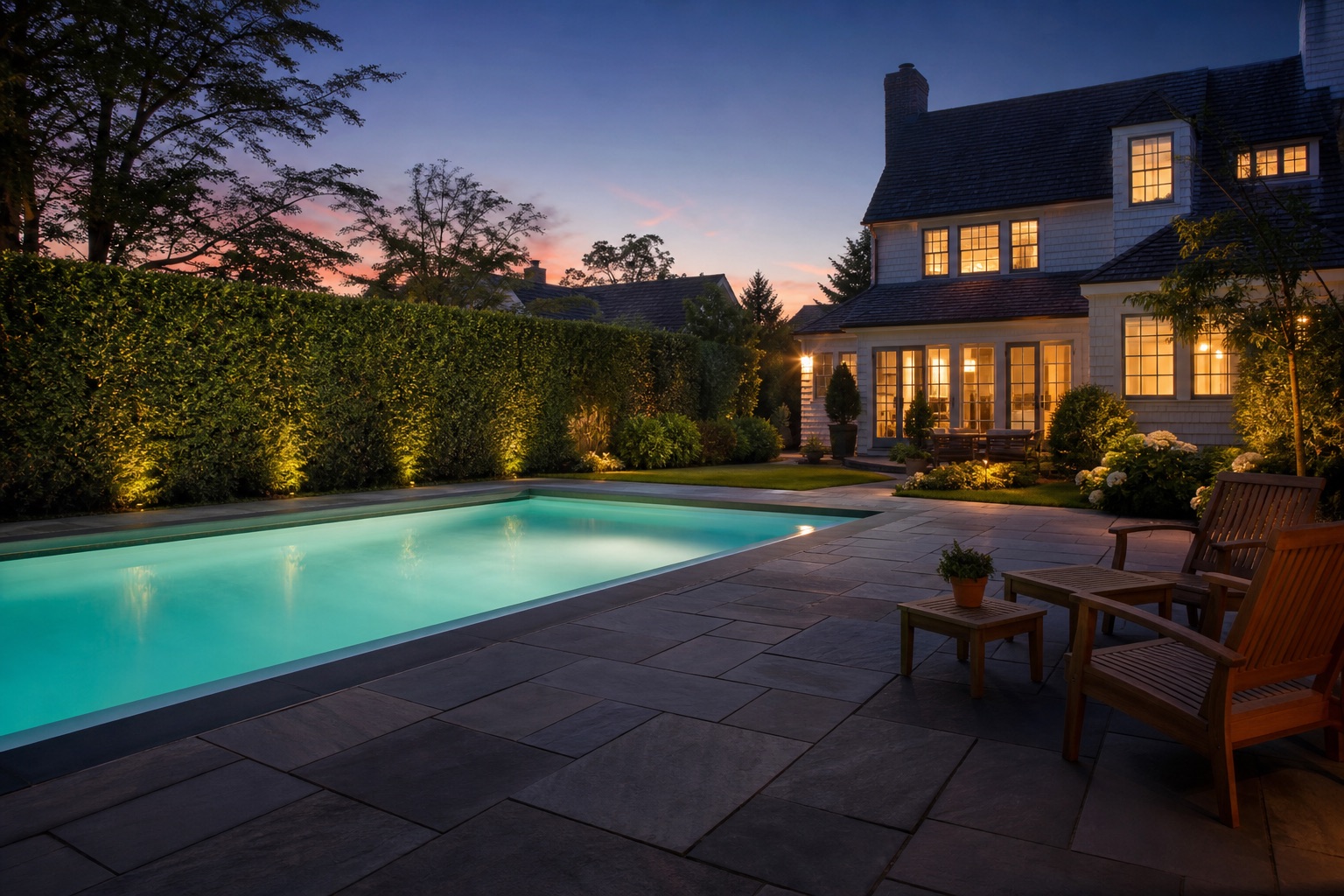 Backyard pool and bluestone patio at dusk, hedge-enclosed, house windows warmly lit